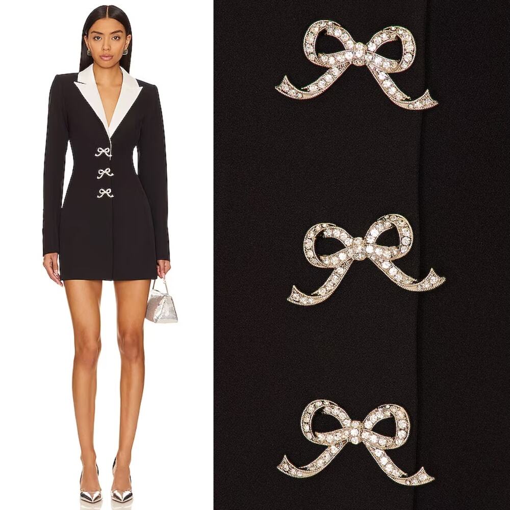 MAJORELLE | NWT Avori Blazer Dress in Black & White Crystal Bow Tailored Mini XS